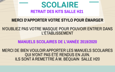 RETRAIT DES KITS + REMISE DES MANUELS SCOLAIRES ANNÉE 2019/20 VENDREDI 28 AOÛT 8H-18H30