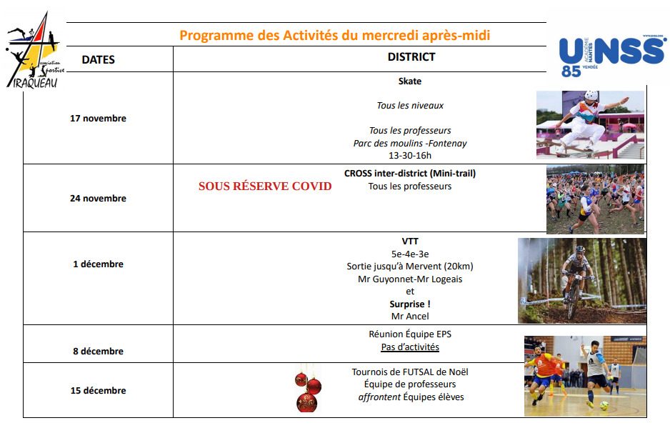 Calendrier Mercredis après-midi AS