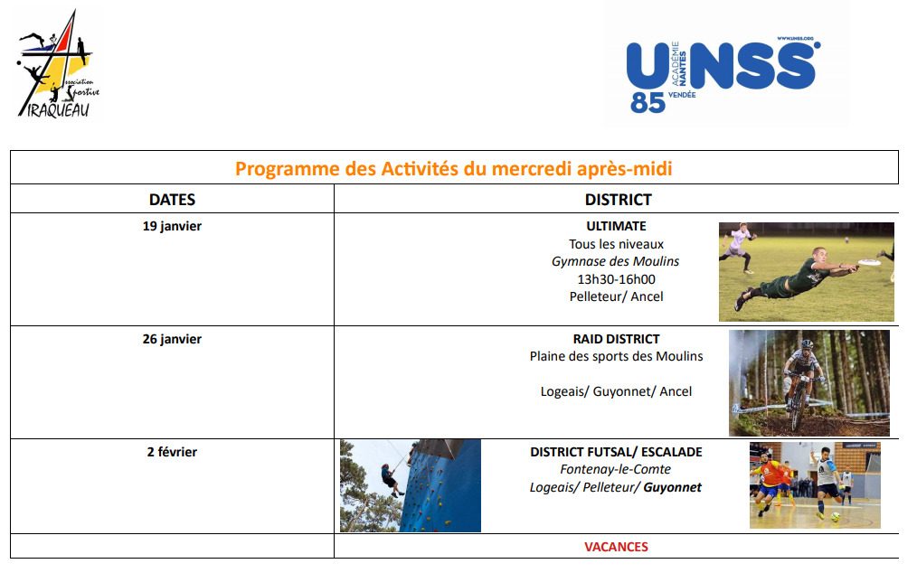 Programme AS mercredis après-midi rentrée de Janvier