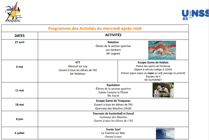 Calendrier AS mercredis après-midi