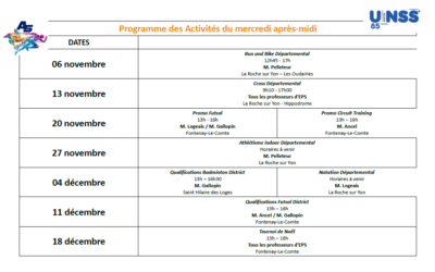 Calendrier Association Sportive Période 2