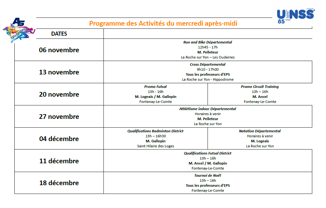 Calendrier Association Sportive Période 2